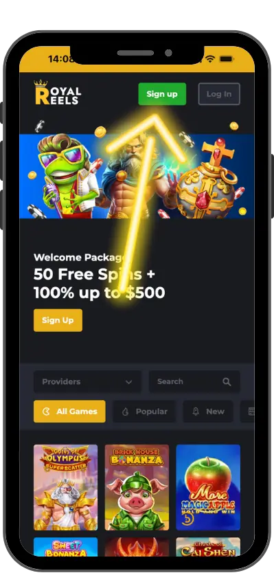 Button opens the Royal Reels casino